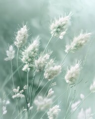 Fototapeta premium Soft, dreamy image of delicate white wildflowers swaying gently in a pale green field.