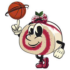 Obraz premium raspberry roll cake cute cartoon isolated vector illustration character mascot spin the basketball with the index finger, work of hand drawn
