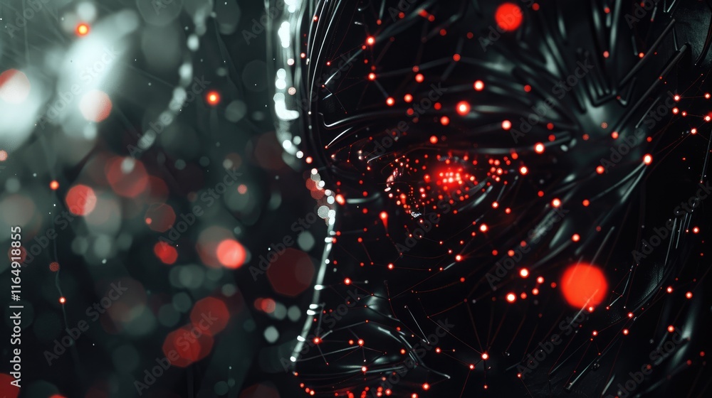 Poster a futuristic, abstract representation of a face with glowing elements and a dark background.
