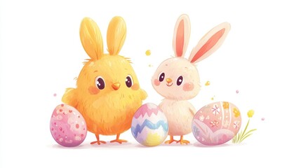 Obraz premium Playful Easter Bunny and Chick with Oversized Pastel Eggs - Cartoon Style Illustration on White Background