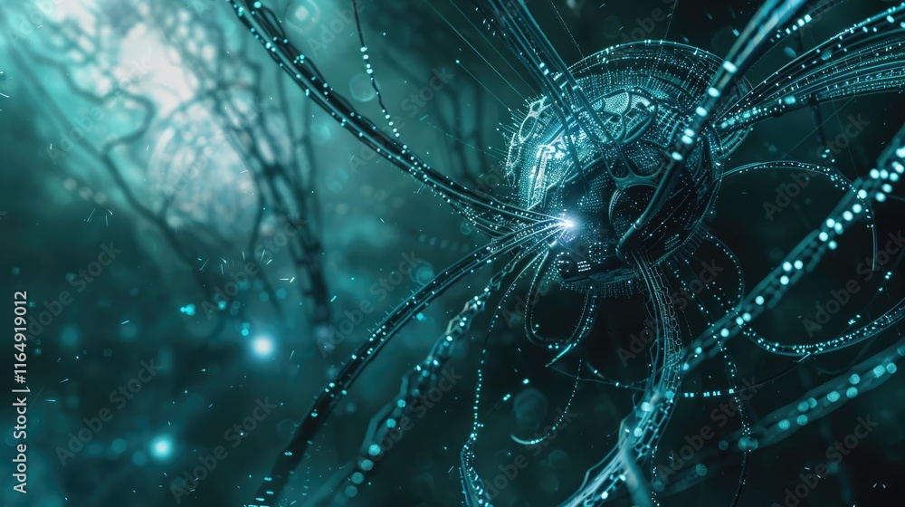 Aufkleber a futuristic, abstract representation of a luminous jellyfish-like entity in a dark environment.