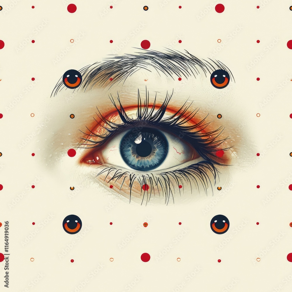 Poster an artistic depiction of an eye surrounded by colorful dots, blending realism and abstraction.