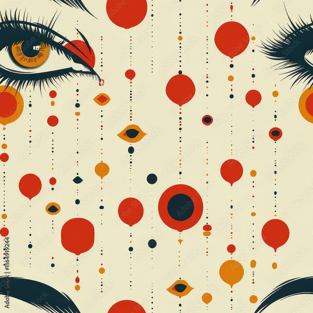 Poster abstract illustration featuring eyes and colorful circles, creating a visually striking pattern.