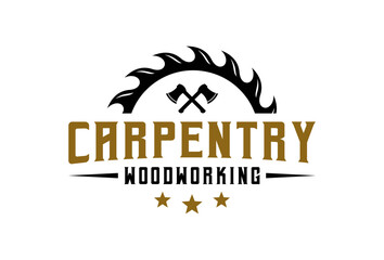 Sawmill emblem logo vector for carpentry, woodworkers, lumberjack, sawmill service