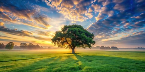 Fototapeta premium Serene Sunrise A solitary tree stands tall in a mist-shrouded field, bathed in the golden light of the rising sun, a breathtaking landscape of vibrant greens and colorful clouds.