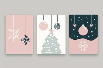  Minimalist Christmas cards set, featuring elements like snowflakes, trees, and gifts in a sleek design