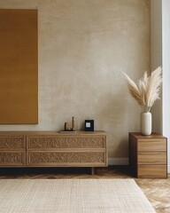 Stylish Interior with Textured Wall, Elegant Wooden Cabinet, Unique Table, and Decorative Pampas Grass Vase—Aesthetic Living Space Design Inspiration