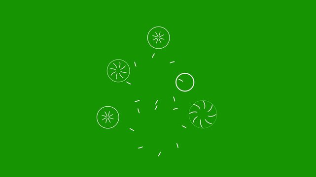 Circles fireworks explosion line shape blast, ellipse blast green screen animation.Cartoon flat vector random explosion.4K