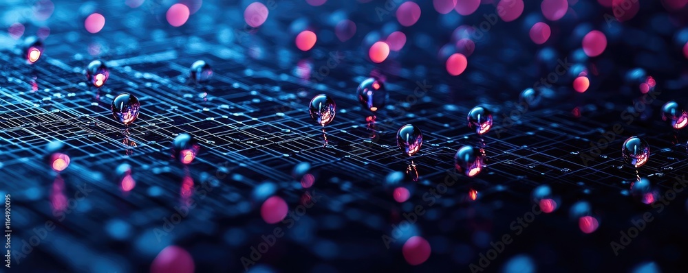 Poster droplets abstract background concept. close-up of glistening droplets on a circuit board with vibran