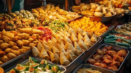 Obraz premium A creative and colorful arrangement of international street foods, like samosas, spring rolls, and empanadas, ready for a culinary adventure,