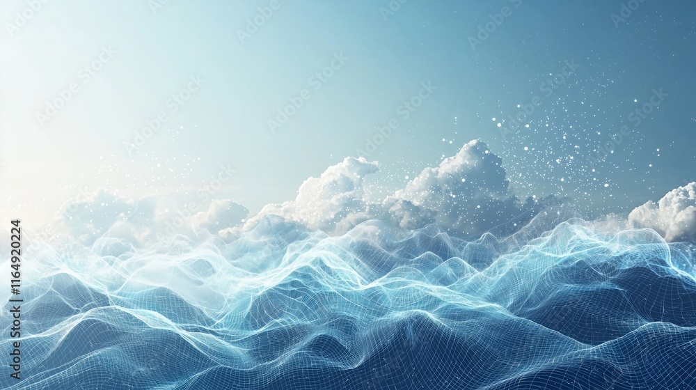 Poster tranquil ocean waves with light reflections and soft clouds above