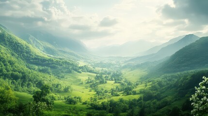 Obraz premium Serene Mountain Valley with Lush Greenery and Misty Mountains