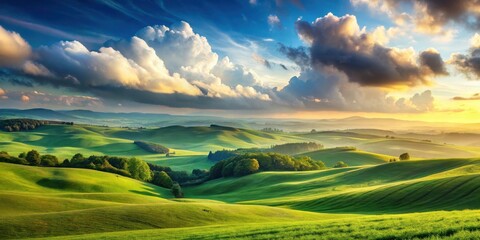 Obraz premium Serene Sunset Over Rolling Green Hills and Lush Meadows