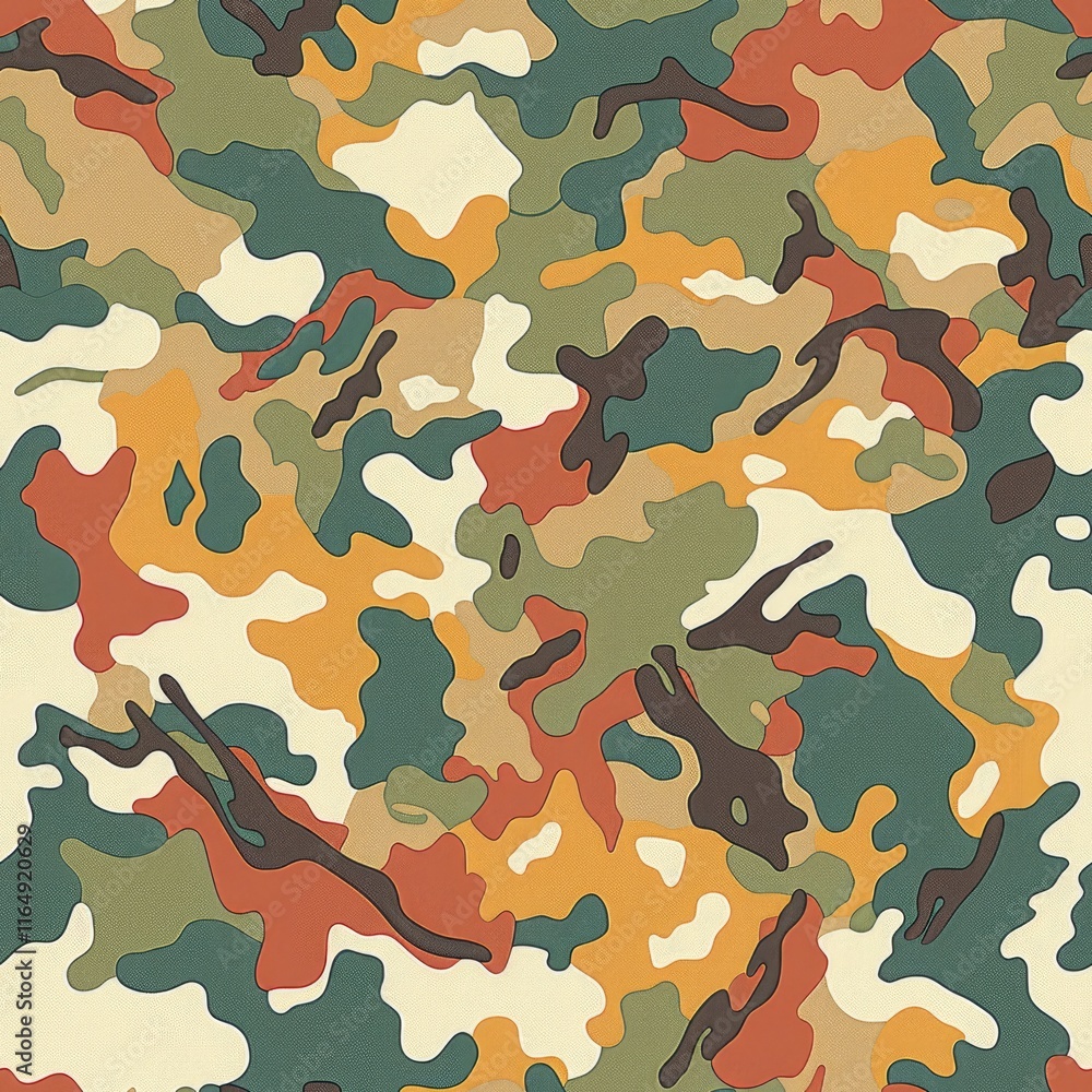 Poster a colorful camouflage pattern featuring various earthy tones and abstract shapes.