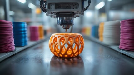 3D Printer Creating Detailed Orange Design in Industrial Setting