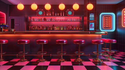 Retro Neon Bar Interior with Vibrant Lighting and Classic Decor in a Cozy Atmosphere