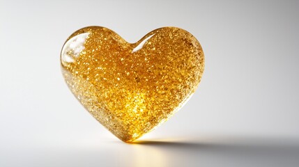 Floating golden heart icon, soft light reflections, white background.