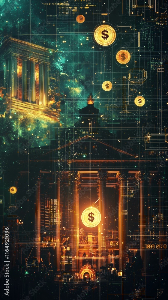 Poster digital transformation of finance with currency symbols and architecture