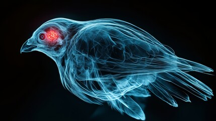 Obraz premium A glowing, translucent bird with vibrant red eyes, showcasing a unique blend of technology and nature.
