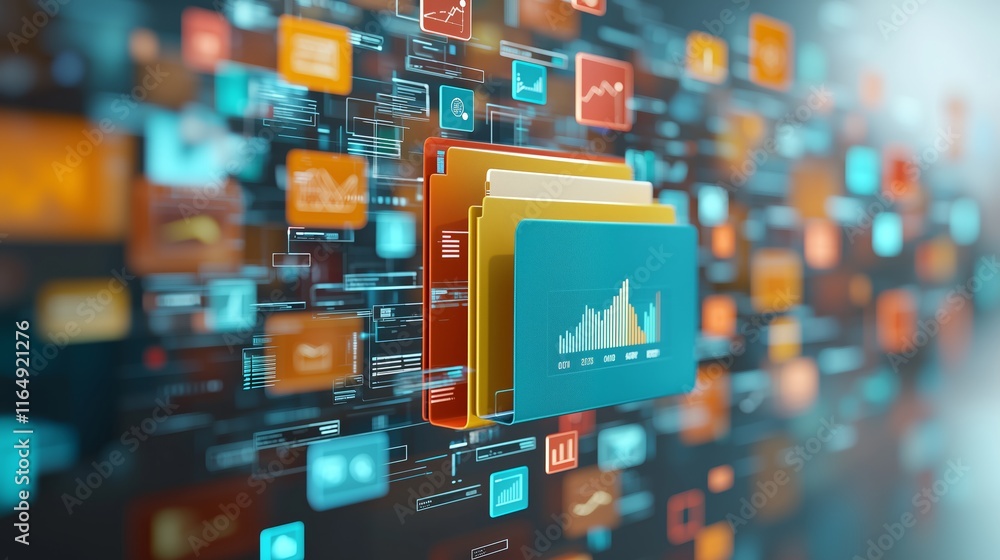 Poster colorful digital interface with data charts and file folders