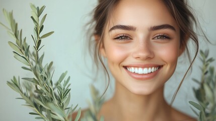 Fototapeta premium A smiling woman holds olive branches, radiating joy and natural beauty.