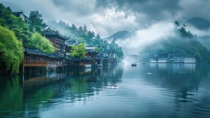 Fototapeta premium Serene waterscape with traditional architecture amidst misty mountains.