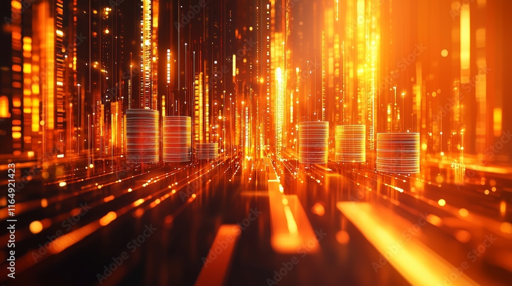 Poster abstract digital background with bright orange data streams and cylinders
