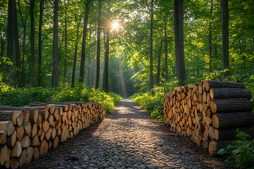 Firewood logs neatly stacked and drying near trees in a forest, symbolizing a sustainable and renewable energy source, with a natural and eco-friendly ambiance