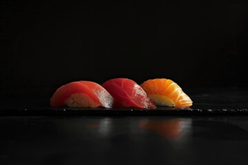 Japanese-style sushi presentation on a dark board, with contrasting colors and neat placement