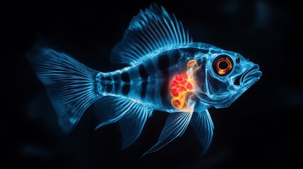 Fototapeta premium A glowing blue fish with vibrant orange details swims against a dark background, showcasing a unique and artistic interpretation of marine life.