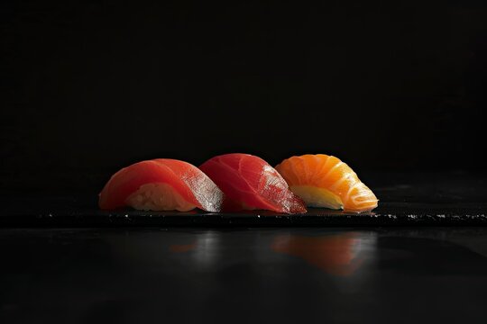 Japanese-style sushi presentation on a dark board, with contrasting colors and neat placement