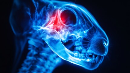 A striking x-ray image of a cat's skull, highlighting intricate bone structures with glowing blue and red effects.