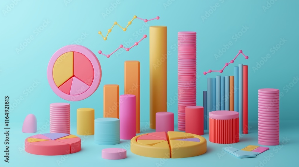 Poster colorful 3d graphs and charts on soft blue background display