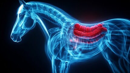 A transparent anatomical illustration of a horse, showcasing its internal organs with a focus on the digestive system highlighted in red.