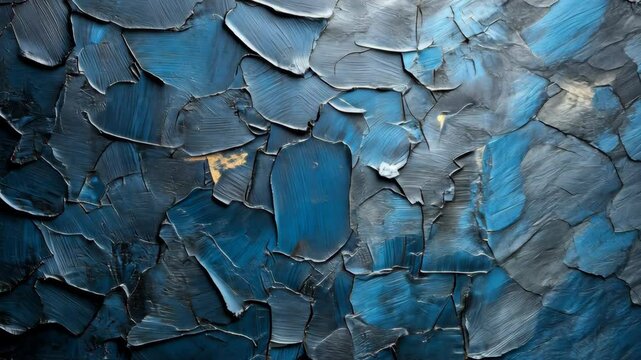 Beautiful textured blue and gray paint peeling off a surface in an artistic abstract composition showcasing depth and character