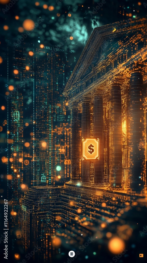 Poster digital bank building with currency symbols and glowing elements