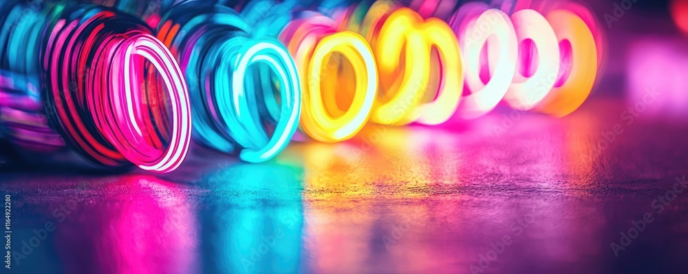 Poster graffiti abstract background idea. colorful abstract circles illuminated in neon hues against a refl