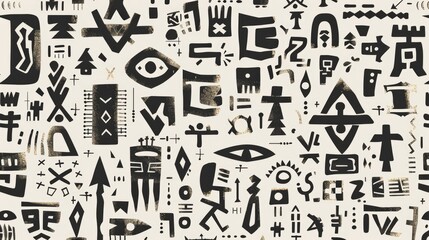 A collage of abstract symbols and shapes in black and beige tones.