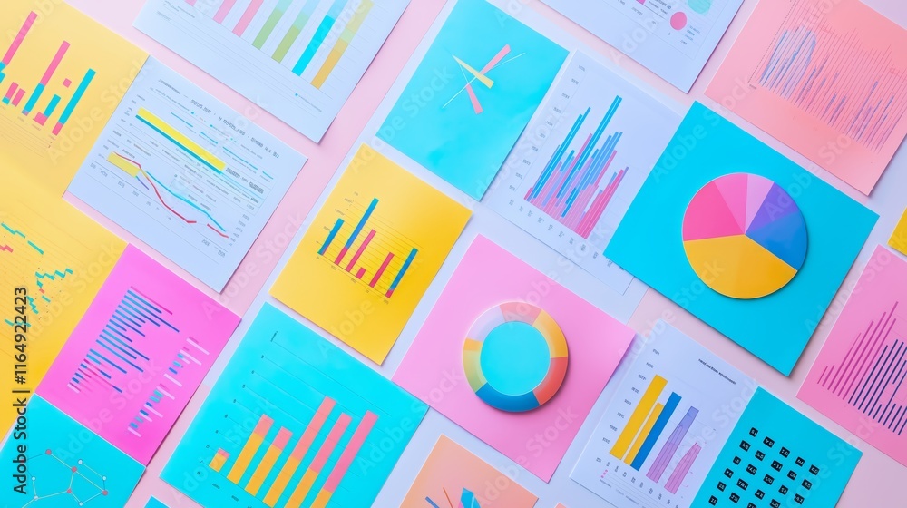 Poster colorful data visualization and analysis on paper sheets