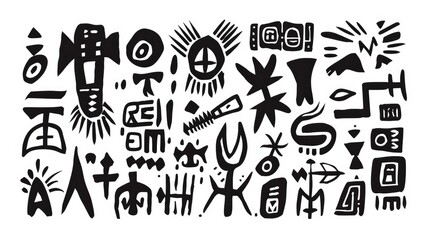 A collection of abstract black symbols and designs, possibly for artistic or decorative use.