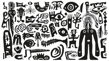 A collection of abstract black and white figures and symbols, evoking creativity and imagination.