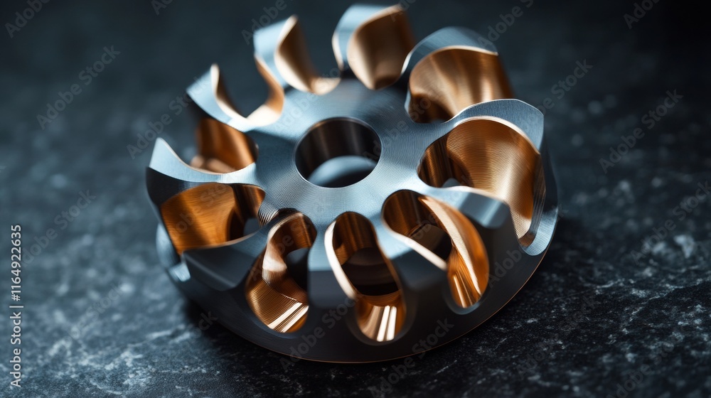 Poster close-up of a 3d printed mechanical component on dark surface