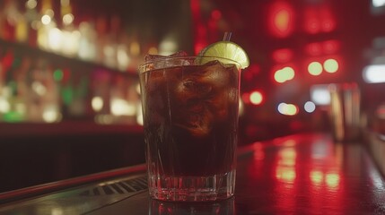 A rum and coke in a highball glass with lime garnish, nightclub atmosphere 