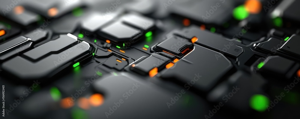 Poster graffiti abstract background idea. close-up view of a black circuit board with colorful glowing elem