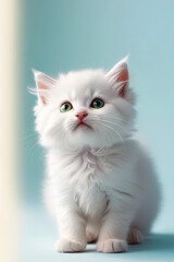 Cute white kitten with curious eyes staring up on a soft blue background. A versatile image for creative and commercial projects with a clean, minimalist aesthetic