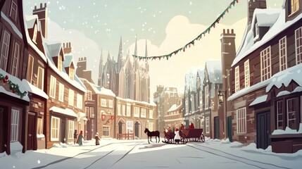 A snowy street scene with festive decorations and people in a quaint town.