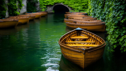 Wooden rowboats on serene green canal with tunnel and lush vegetation, for travel or landscape design