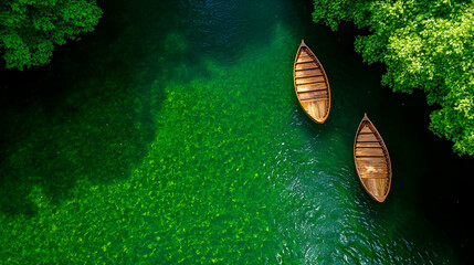 aerial view of two wooden boats on green river surrounded by lush foliage, for travel or landscape design