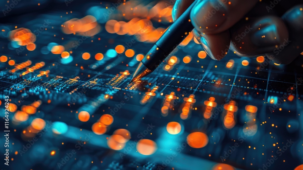 Aufkleber a close-up of a hand writing on a digital data chart with glowing elements.