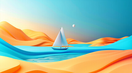 Naklejka premium Vibrant Abstract Sailboat Illustration on Colorful Waves at Sunset with Tranquil Waters